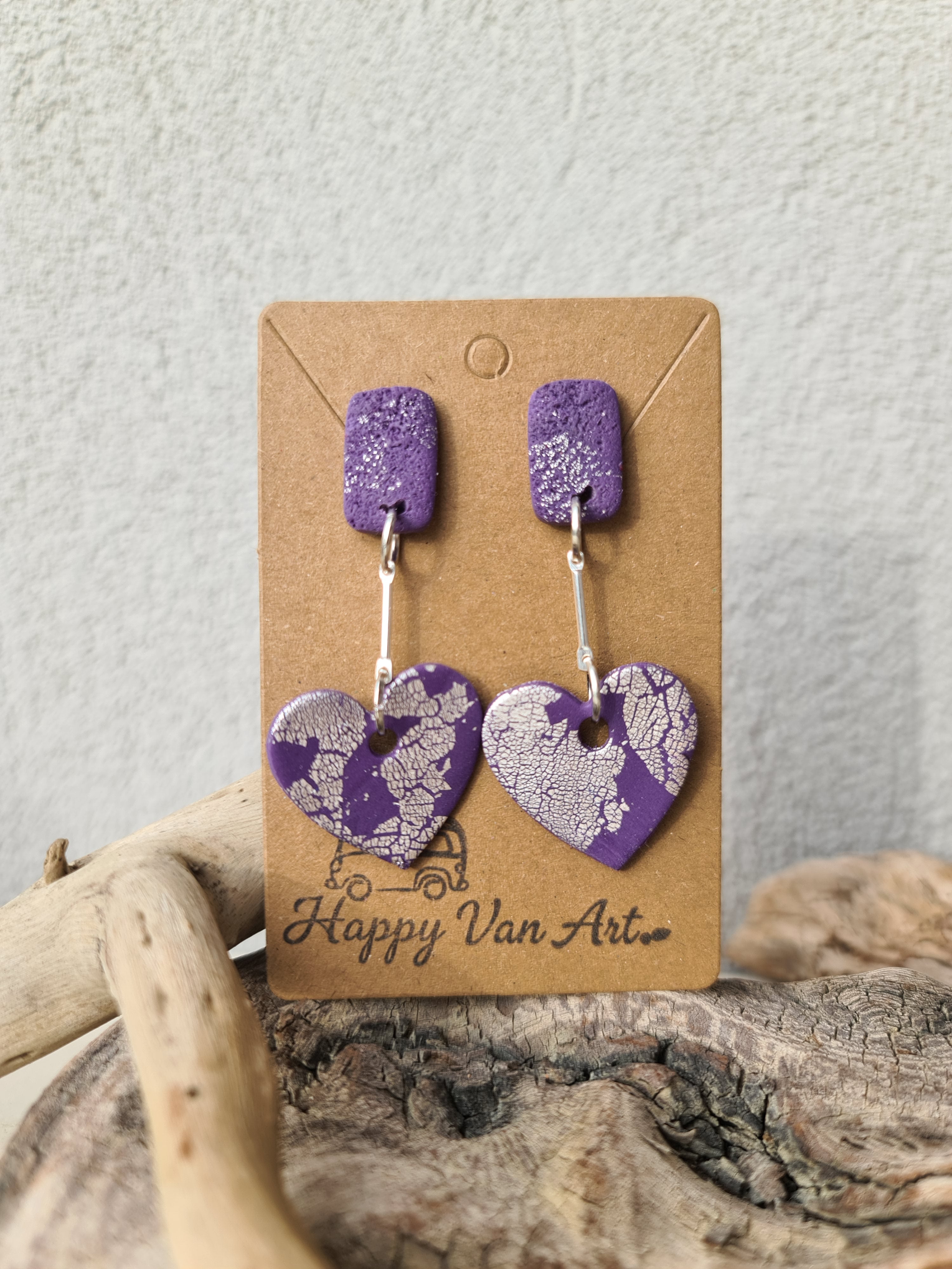 Purple Heart Clay Dangle Earrings – Handmade Polymer Clay Statement Jewelry
