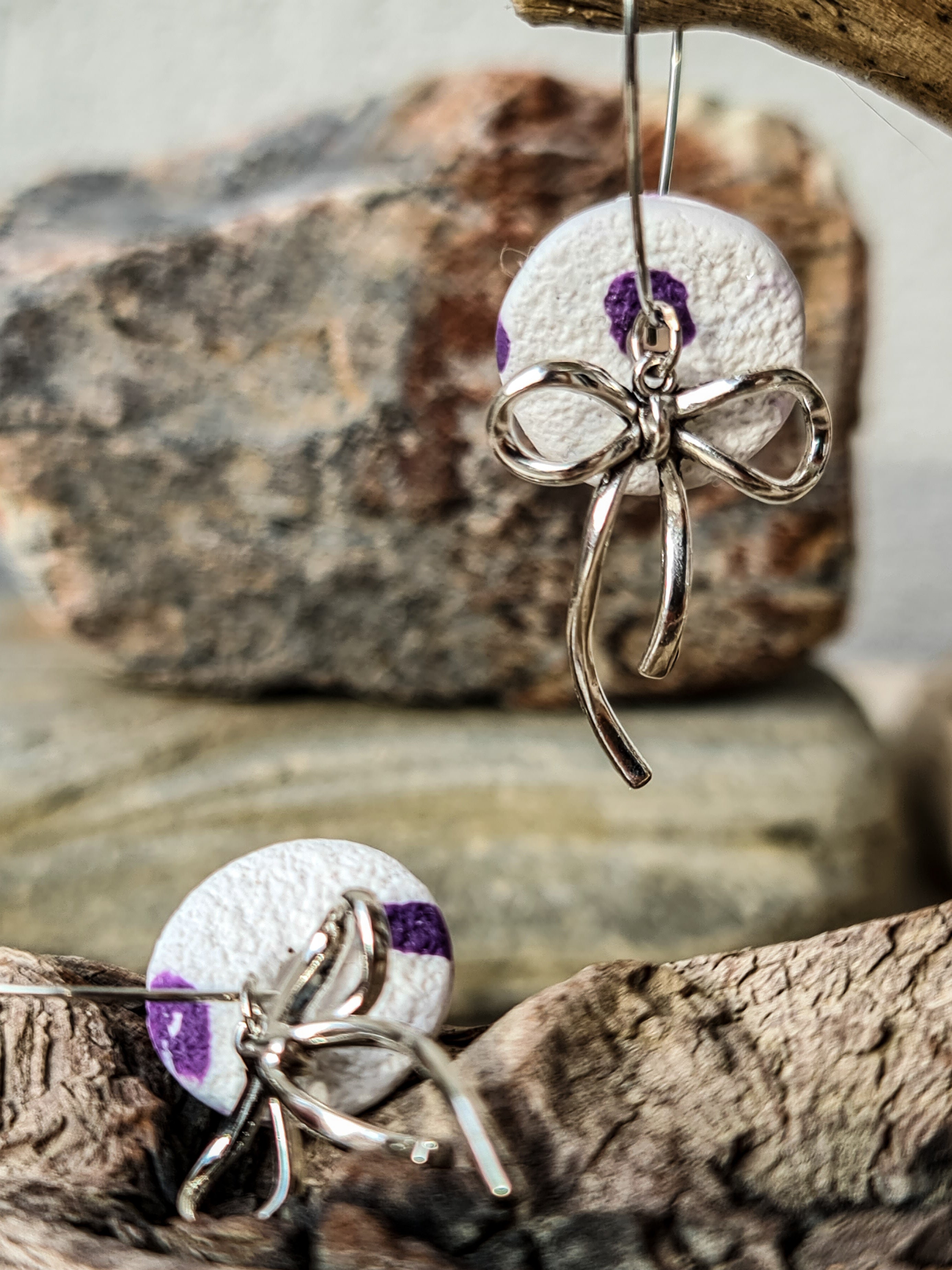 "Purple Haze" - Mix & Match Clay Earrings – Purple Flower & Patterned Disc (2-in-1 Set)