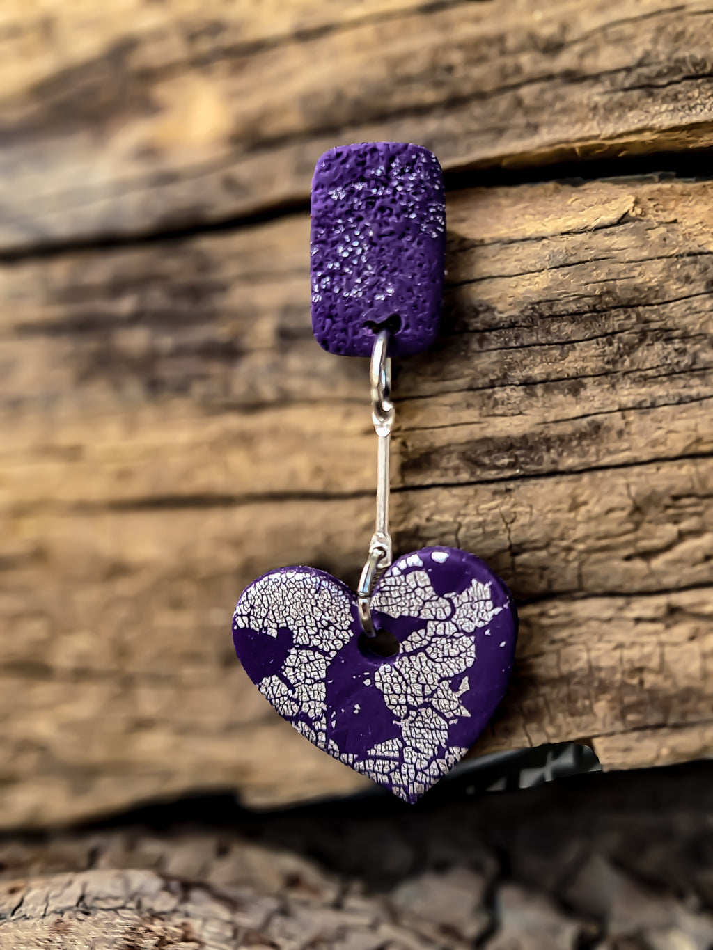 Purple Heart Clay Dangle Earrings – Handmade Polymer Clay Statement Jewelry