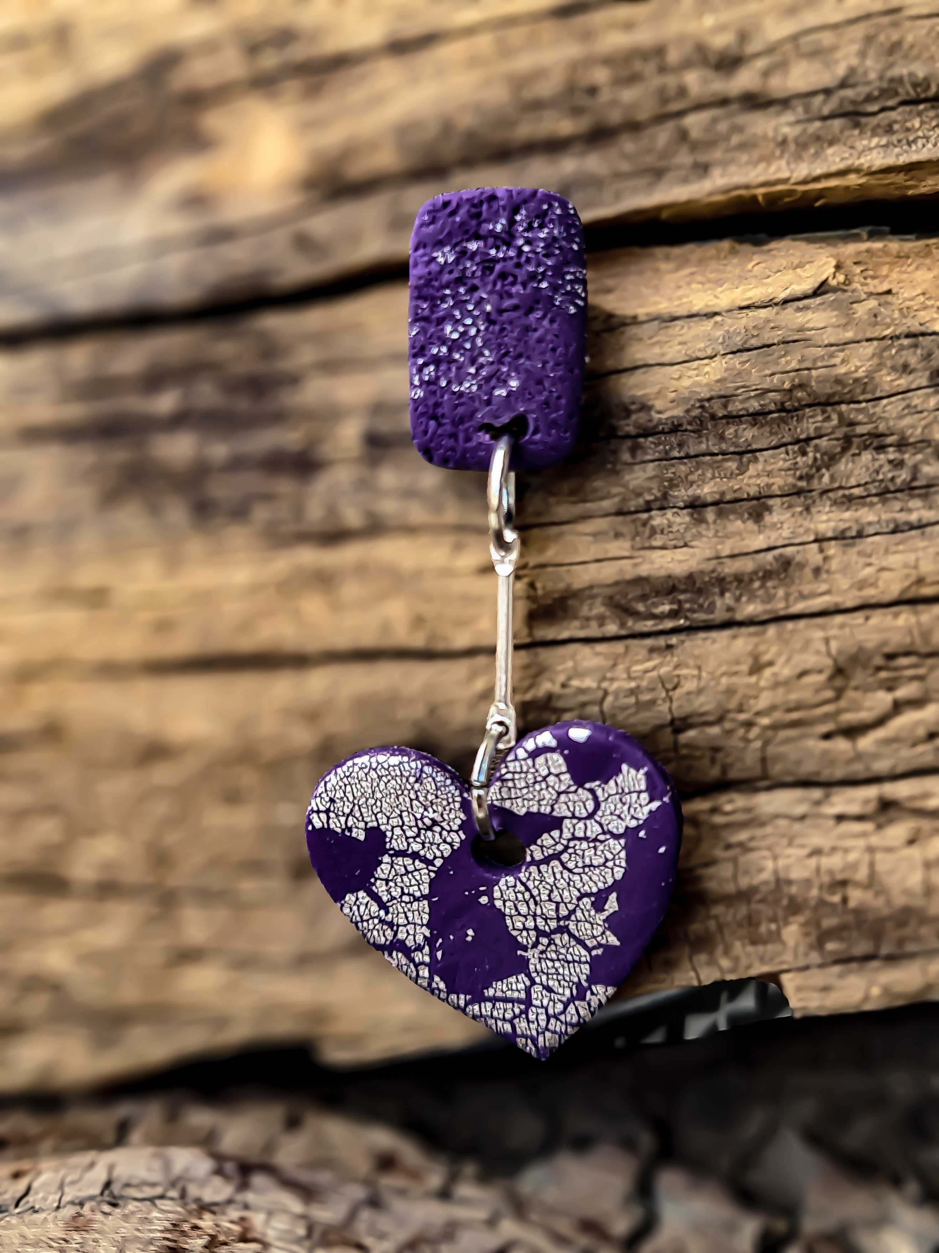 Purple Heart Clay Dangle Earrings – Handmade Polymer Clay Statement Jewelry