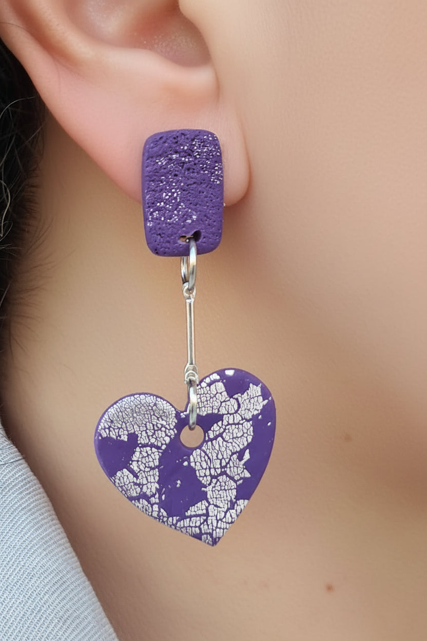 Purple Heart Clay Dangle Earrings – Handmade Polymer Clay Statement Jewelry