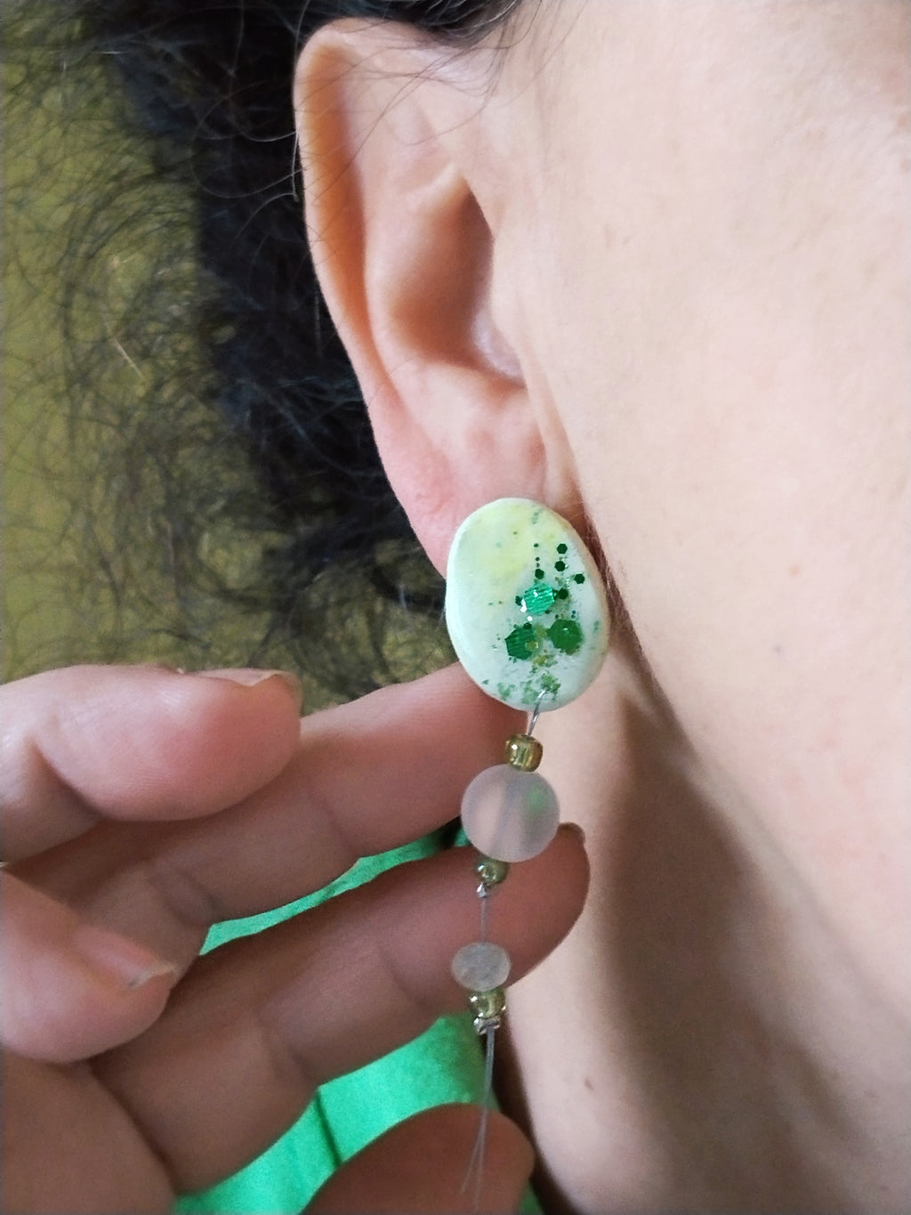 Green Splash Glass Drop Earrings – Elegant Handmade Statement Jewelry