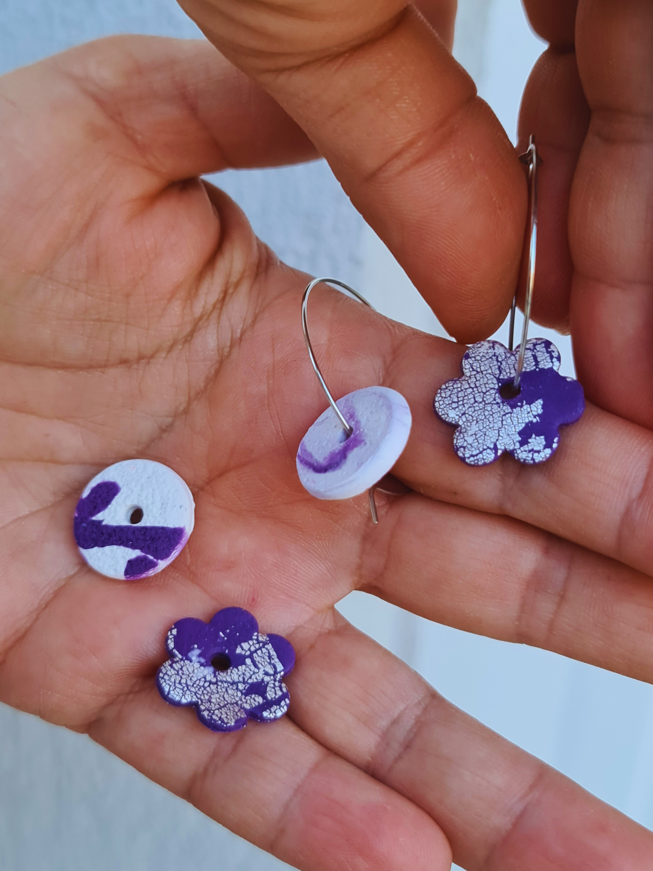 "Purple Haze" - Mix & Match Clay Earrings – Purple Flower & Patterned Disc (2-in-1 Set)