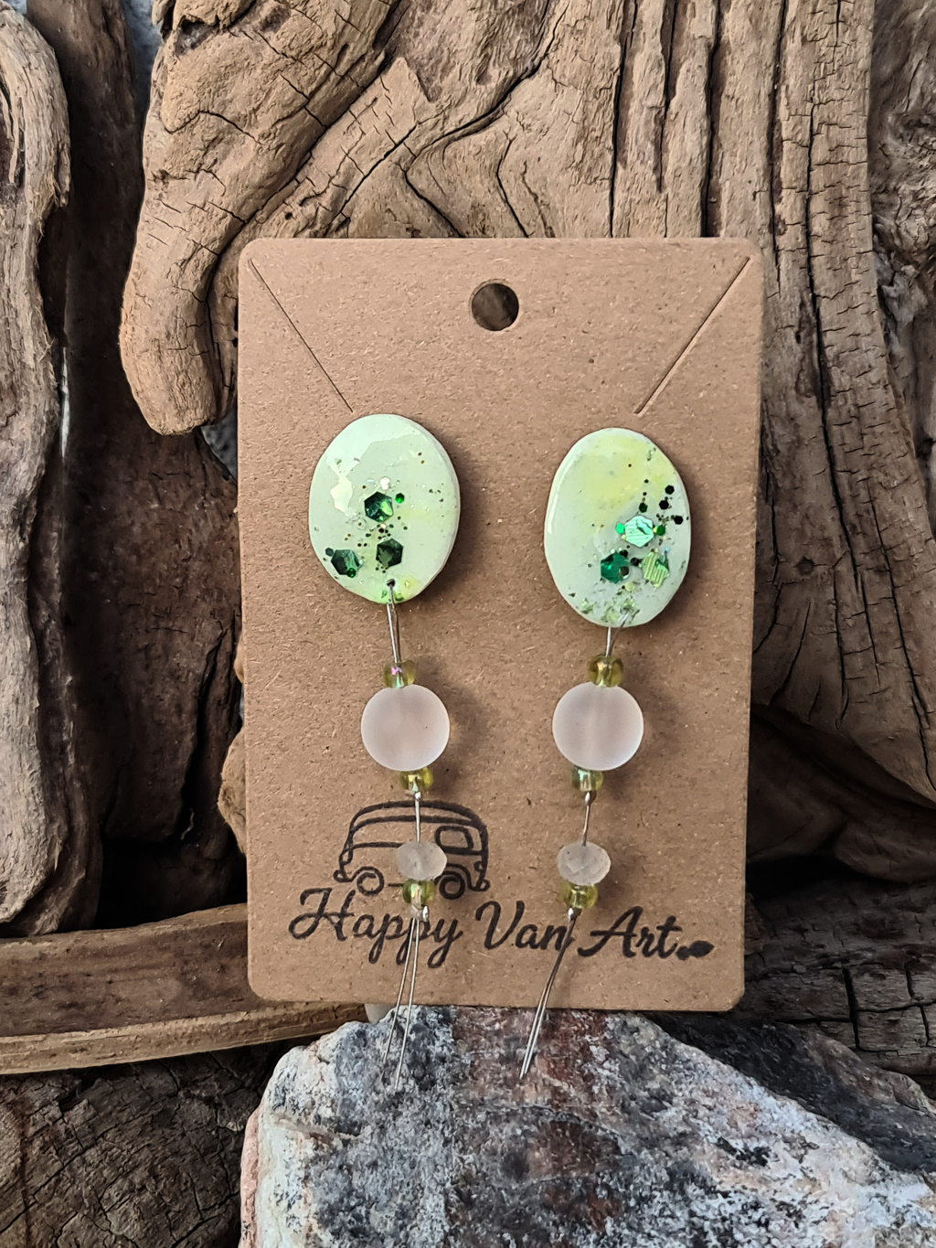 Green Splash Glass Drop Earrings – Elegant Handmade Statement Jewelry