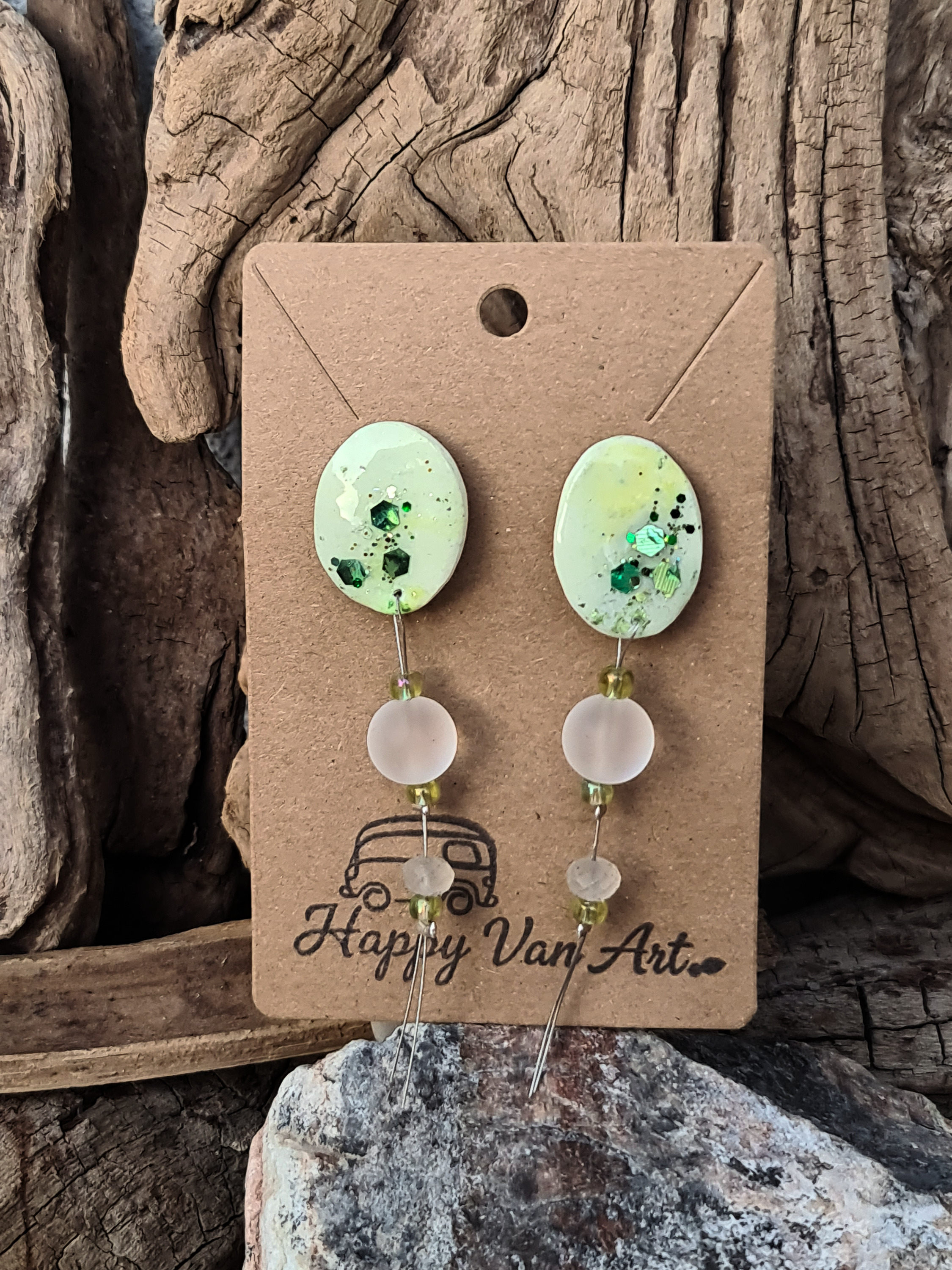 Green Splash Glass Drop Earrings – Elegant Handmade Statement Jewelry