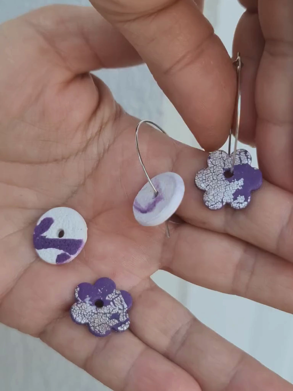 "Purple Haze" - Mix & Match Clay Earrings – Purple Flower & Patterned Disc (2-in-1 Set)