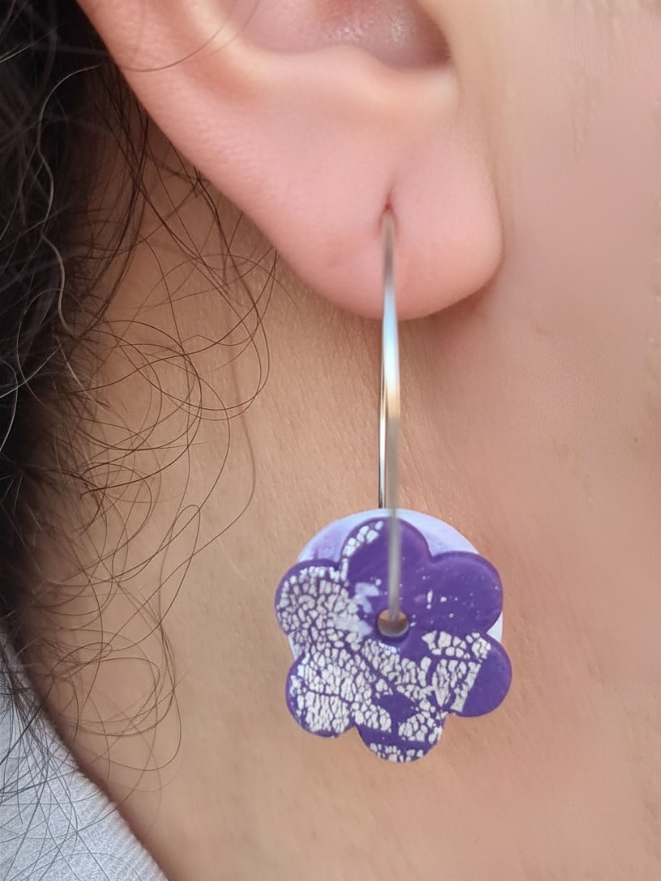 "Purple Haze" - Mix & Match Clay Earrings – Purple Flower & Patterned Disc (2-in-1 Set)
