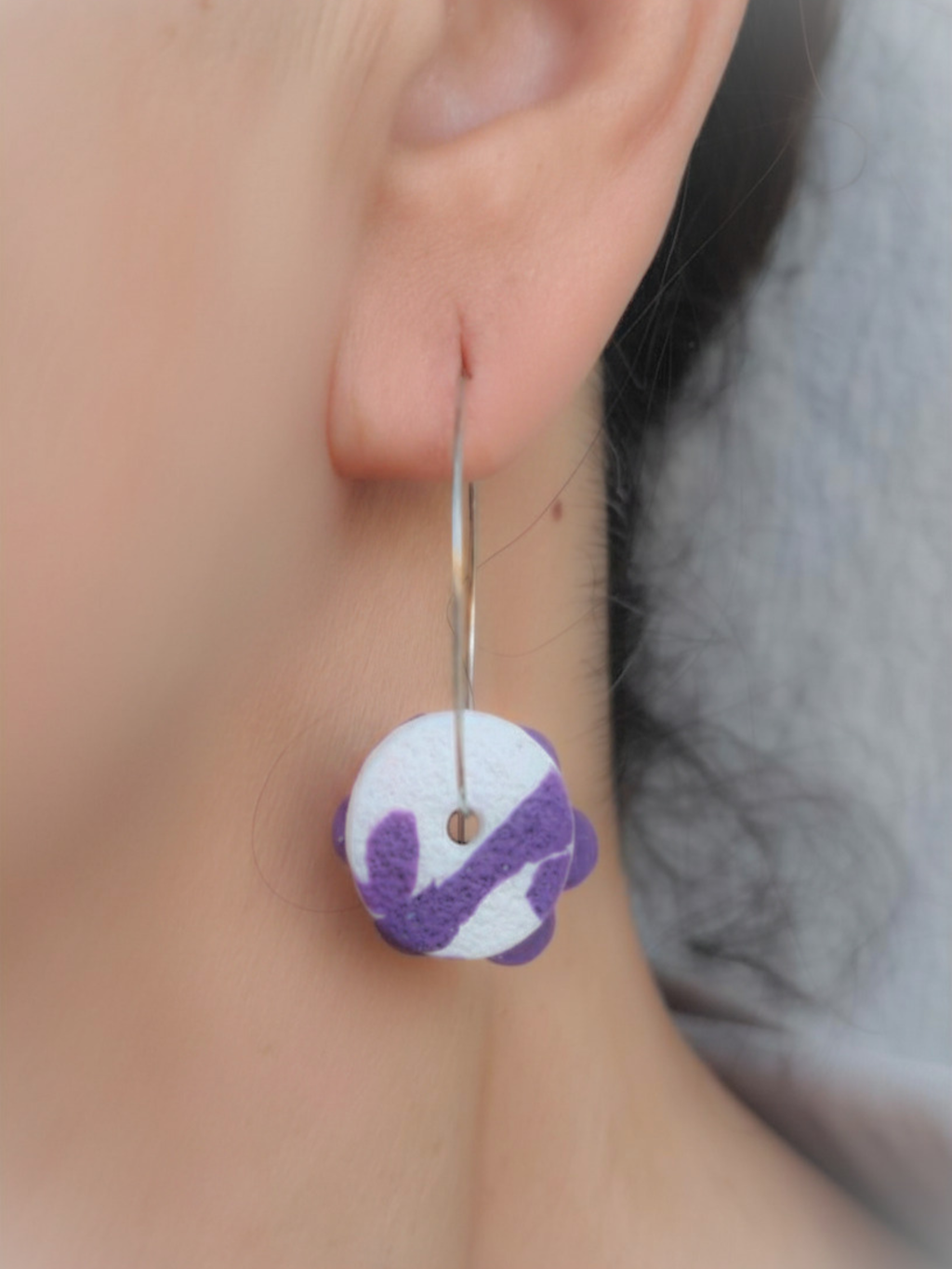 "Purple Haze" - Mix & Match Clay Earrings – Purple Flower & Patterned Disc (2-in-1 Set)