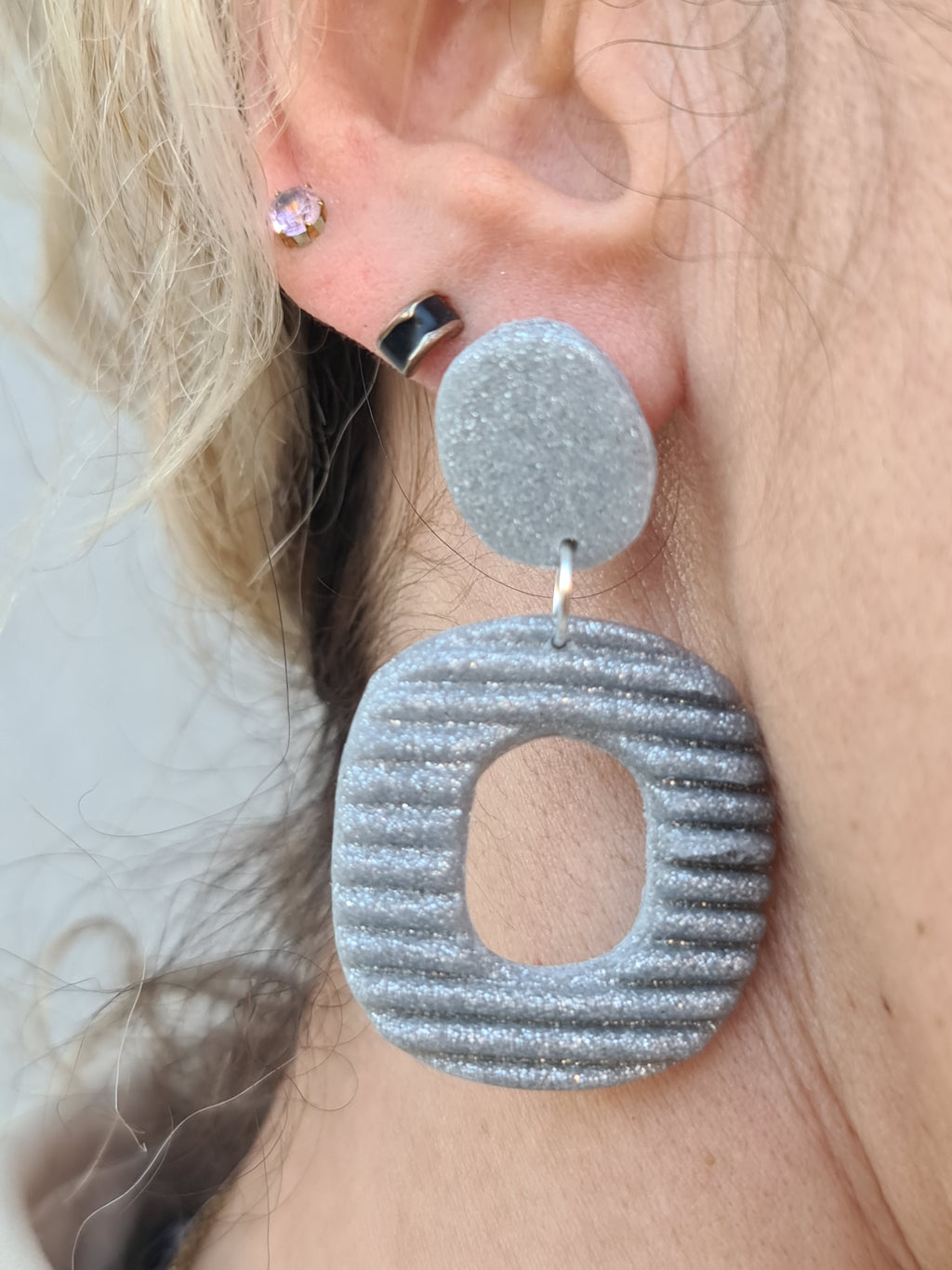Silver Marble Hoop Earrings – Handmade Polymer Clay Statement Jewelry